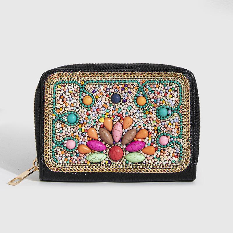 Bohemian Style PU Zipper Card Holder & Coin Purse with Butterfly and Flower Design