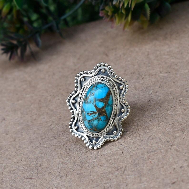 Inel cu piatră prețioasă ovală turcoaz albastru, inel de argint 925, inel Boho, cadou pentru ea, inel de declarație, inel de designer, inel pentru femei