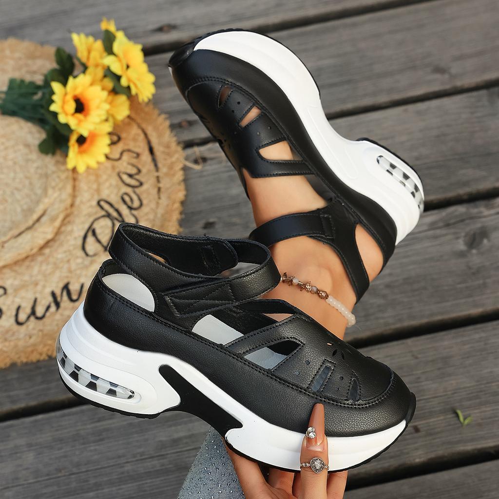 Damen Sommer Sneaker Übergröße Freizeit: Offene, Erhöhte, Klettverschluss, Keilabsatz-Pumps