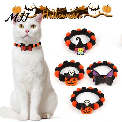 Pom-pom Dog Collar Halloween Cat Collar, Adjustable Cute Pumpkin Bat Witch Orange And Black Pom-poms for Cats Dogs Festive Pet