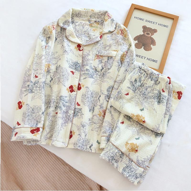 Cotton Women's Pajama Autumn/Winter Women's Pajama Set Flower Sea Print Long Sleeved Pants 2 Piece Homewear