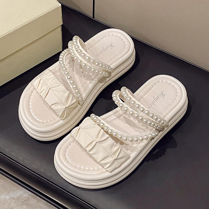 

Носіть перламутрові плісировані капці-мафіни 2025 літо нові універсальні товста підошва на один палець дві носки повсякденні круті капці 40