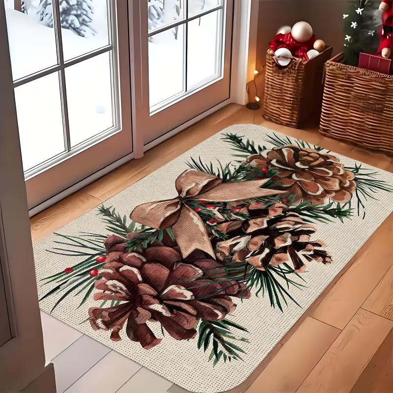 Christmas Golden Bell Red Bow Holly Doormat Winter Snow Scene Print Soft Entrance Rug Indoor Outdoor Holiday Front Door Mat