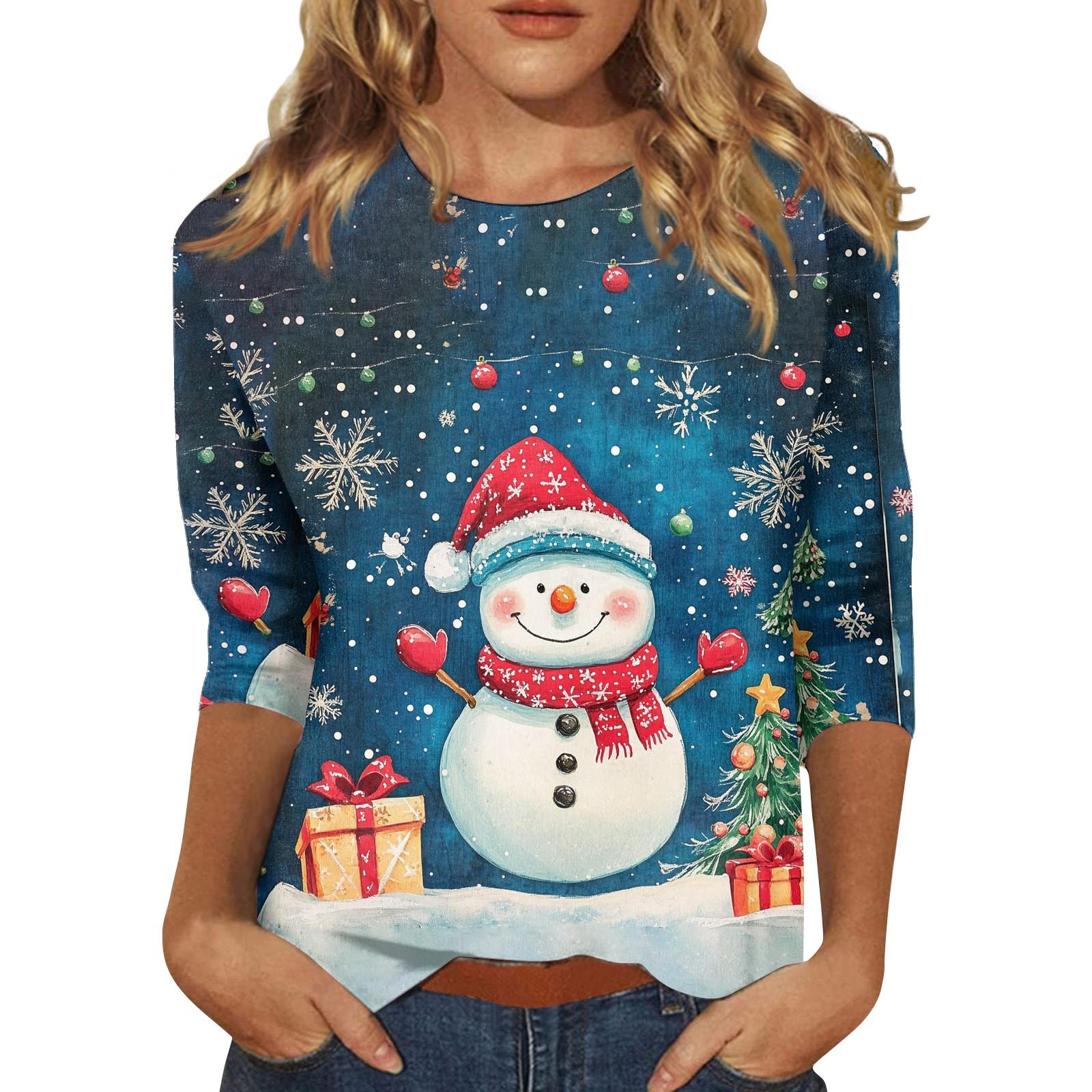 

Жіноча повсякденна вільна різдвяна футболка з круглим вирізом і рукавами три чверті XXXXL синій