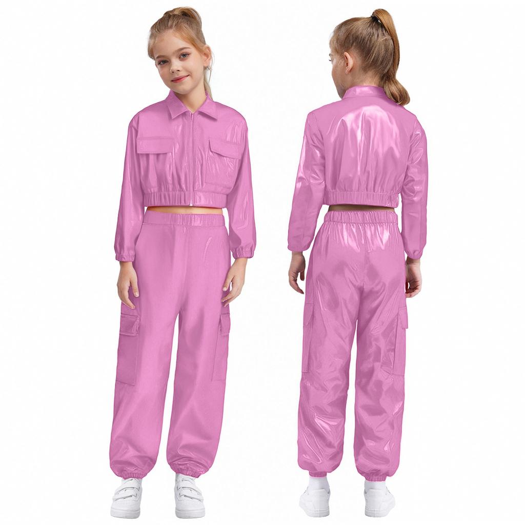 Unisex Kinder Hip Hop Tanzkostüm Metallic-Jacke mit Langarm-Umlegekragen und glänzendem Hosenset