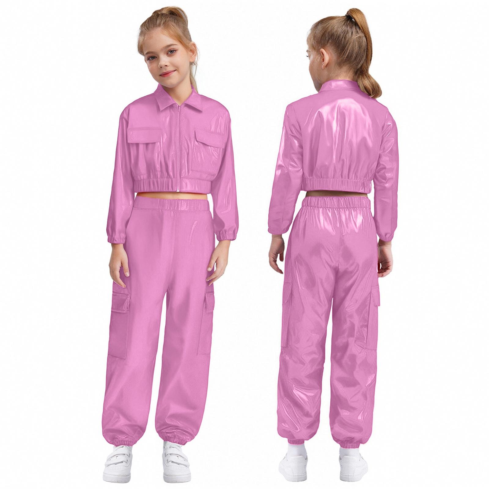 

Дитячий костюм для хіп-хопу унісекс, металізована куртка з довгим рукавом та відкладним коміром і блискучі штани 13-14 Years рожевий