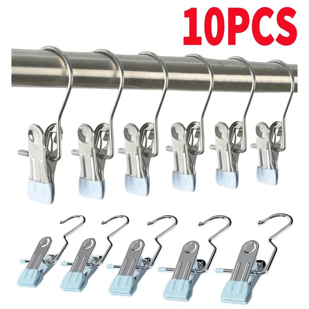 10pcs Stainless Steel Clothespin Pants Clamp Non-slip Trouser Hanger Practical Multi-function Durable Exquisite with Swivel Hook