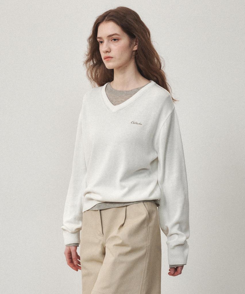 OSTKAKA Cotton V-Neck Pullover Ivory
