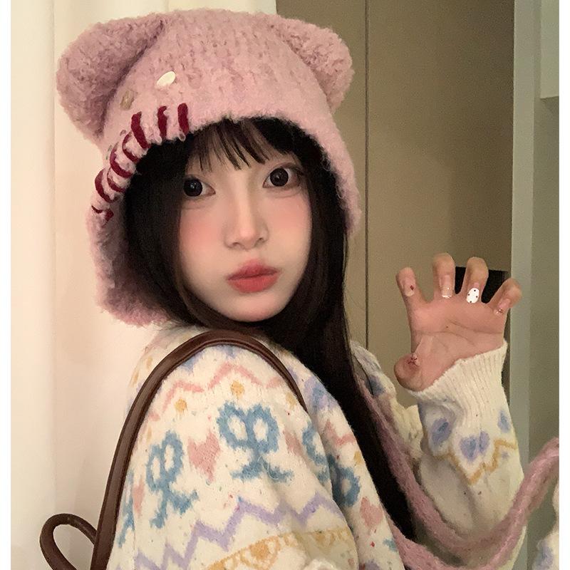 Cute Bear Hat for Women in Autumn and Winter Warm and Face Friendly Small Ear Protection Hat  Buttoned Beanie Plush and Fluffy