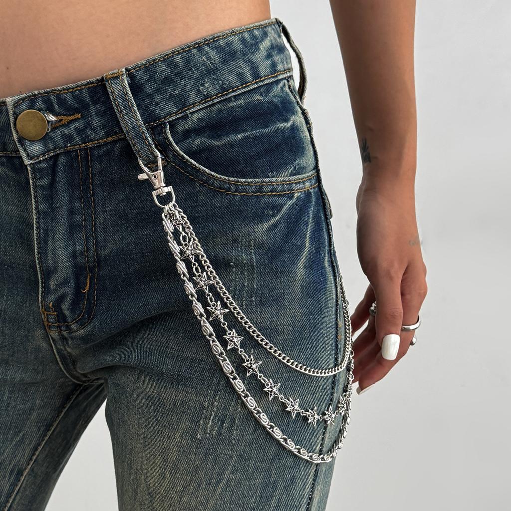 Punk Style Hollowed Out Pentagram Chain Jeans Chain, Hip Hop Star And Moon Pendant Waist Chain Hanging Chain