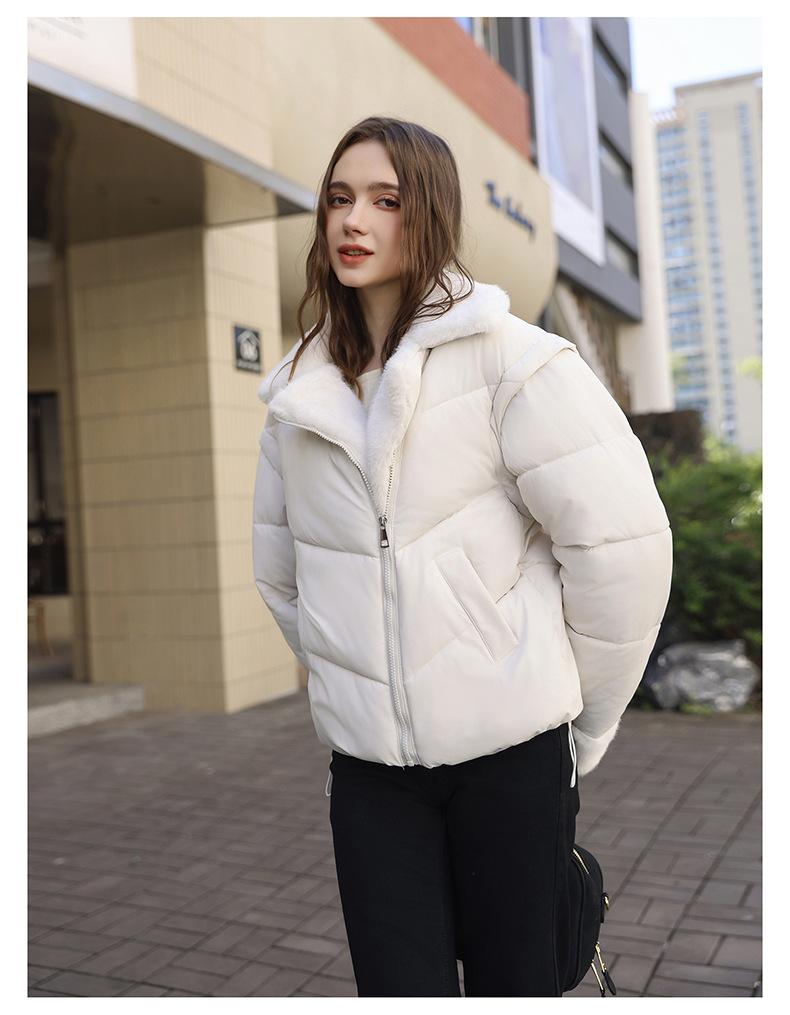 Short Imitation Mink Fur Lapel Cotton-padded Jacket with Detachable Sleeves