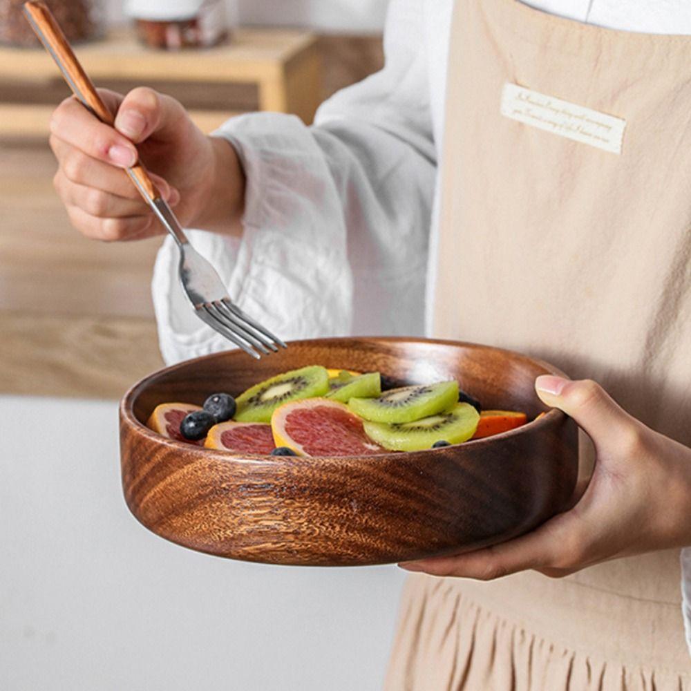 Handmade Wooden Salad Plate Round Snack Serving Tray Vintage Solid Wood Bowl  Hotel