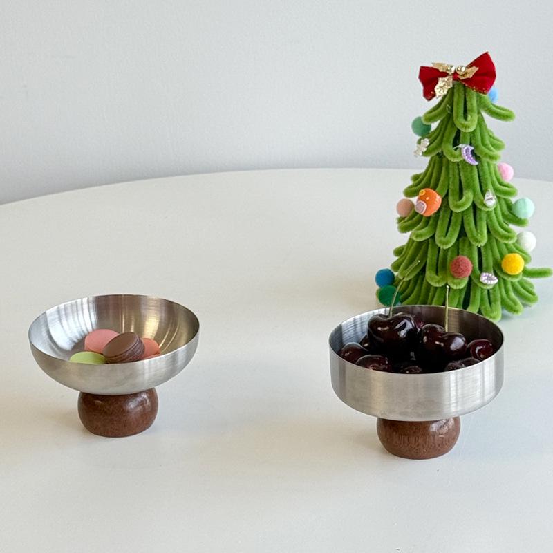 Stainless Steel Round Wood Base Dessert Cup & Bowl Set