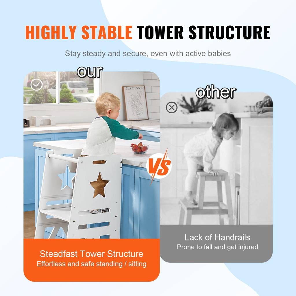 VEVOR Tower Step Stool for Kids and Toddlers, 3-Level Height Adjustable Toddler Kitchen Stool Helper