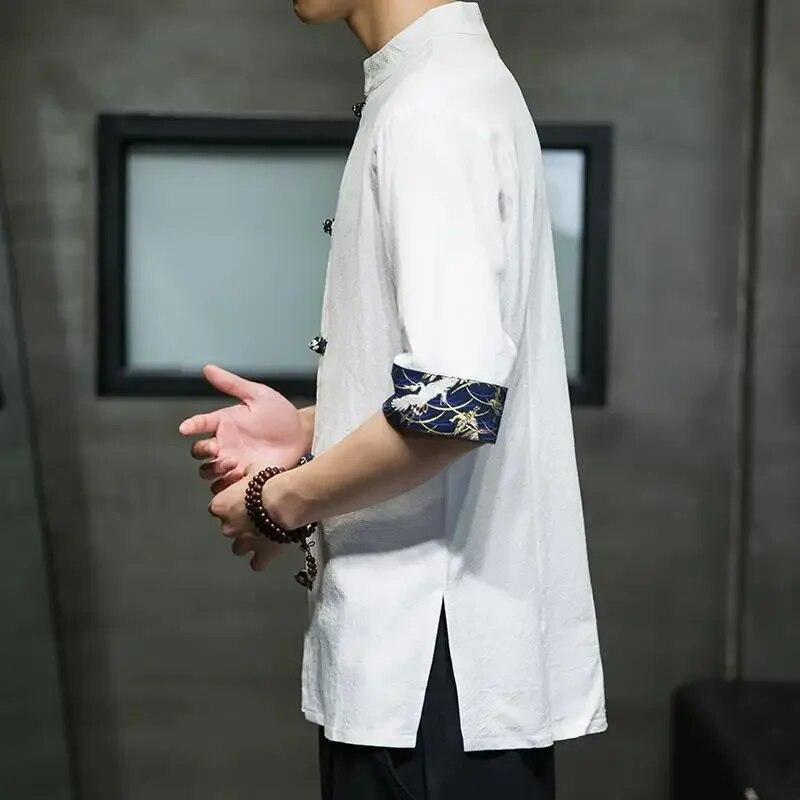 Retro Casual Kimono Shirt Men's Chinese Print Cotton Linen Stitching Short-sleeved Tops Summer Men's Streetwear