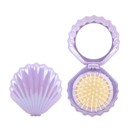 2-In-1 Mini Air Cushion Brush with Makeup Mirror Portable Shell Shape Travel Hair Comb Women Girls Folding Round Mirror Scalp