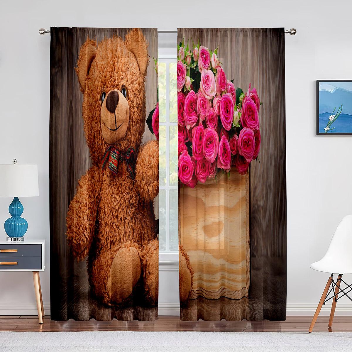 

Забавный плюшевый мишка с подарочной коробкой, прозрачные шторы с сердечками для гостиной, спальни, кухни, декор, оконная вуаль, тюлевая занавеска 1 PCS W100XH250cm&Grommet Top