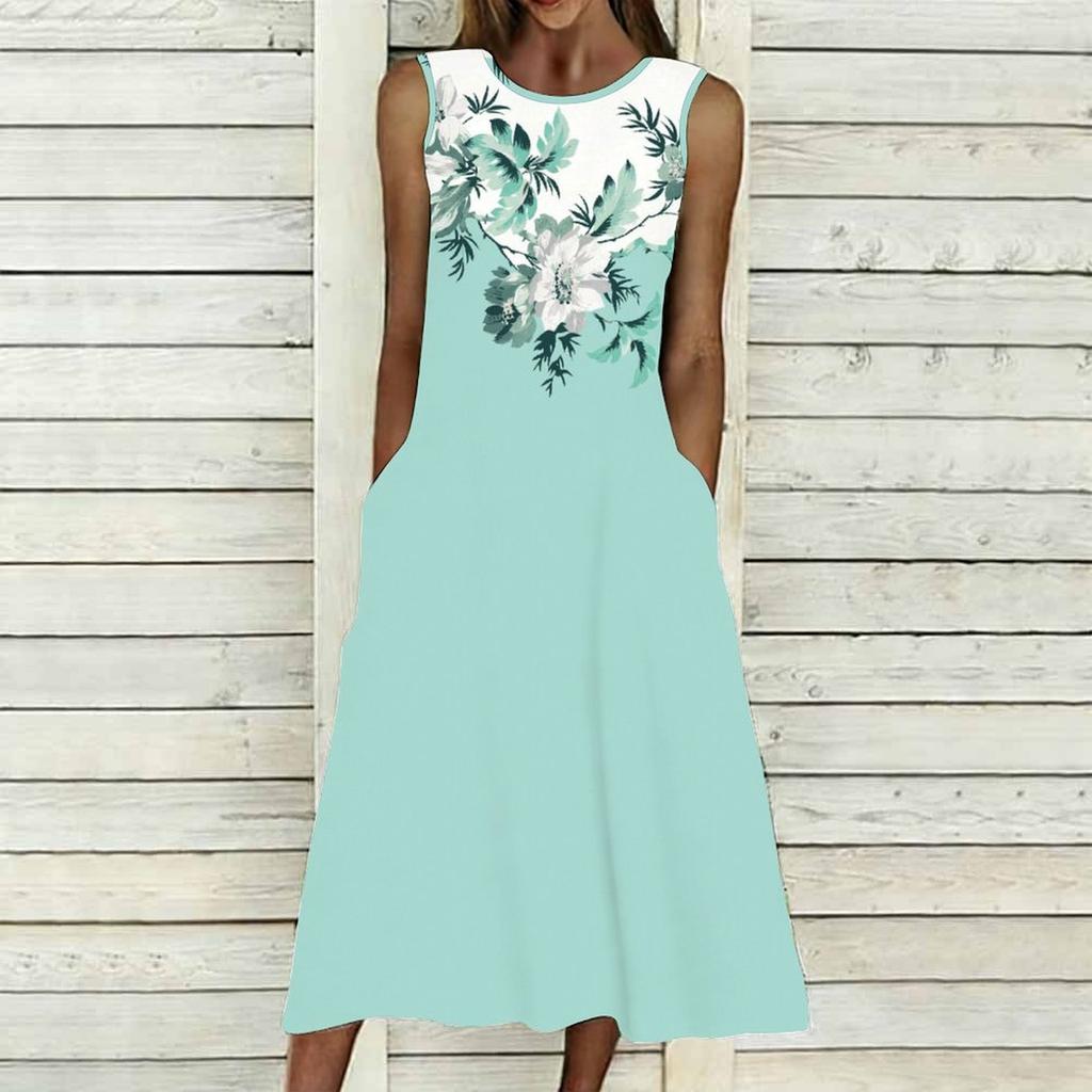 Ladies Plus Size Sleeveless Crew Neck Dress Distinct Floral Printed Loose Mid Length Dress