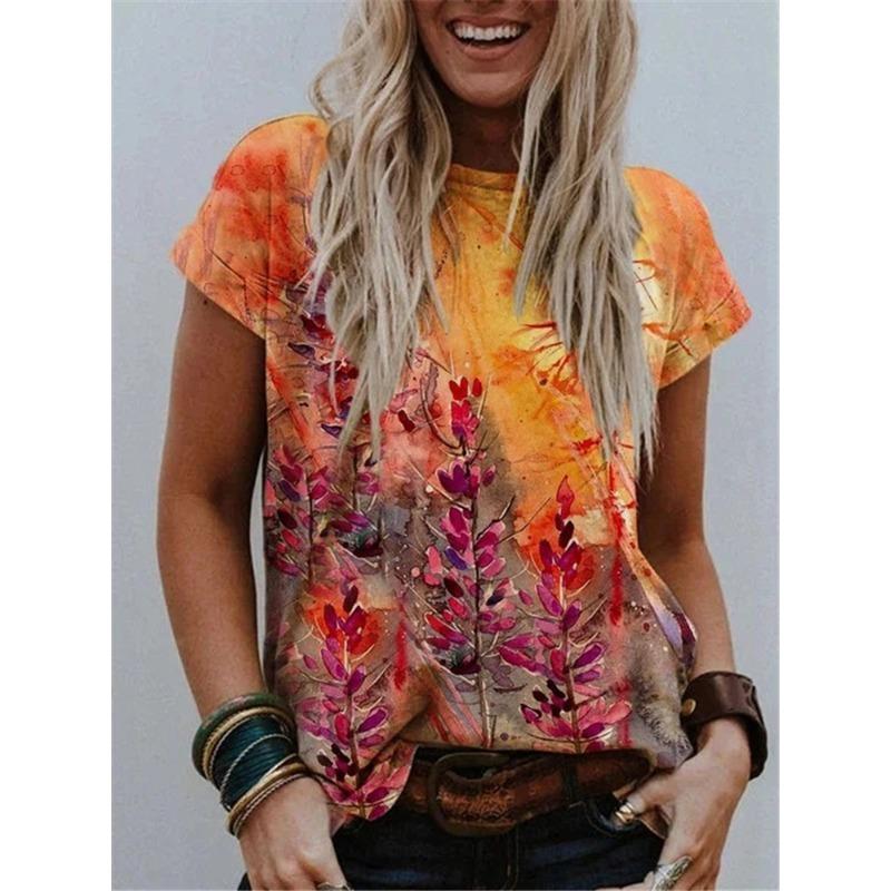 Short Sleeved T-shirt for Women with Round Neck Print Trendy Street Style Short Sleeved Loose Fit Shirt