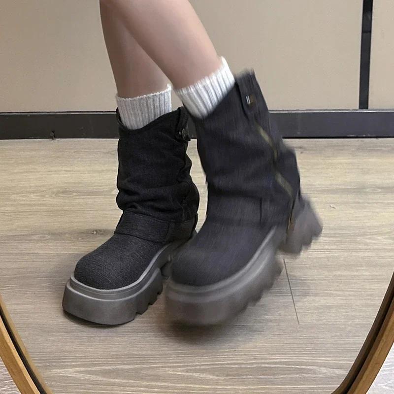 Fashion Chunky Women Blue Denim Short Boots Fashion Slip On Ankle Booties Autumn Winter Female Platform Heel Shoes