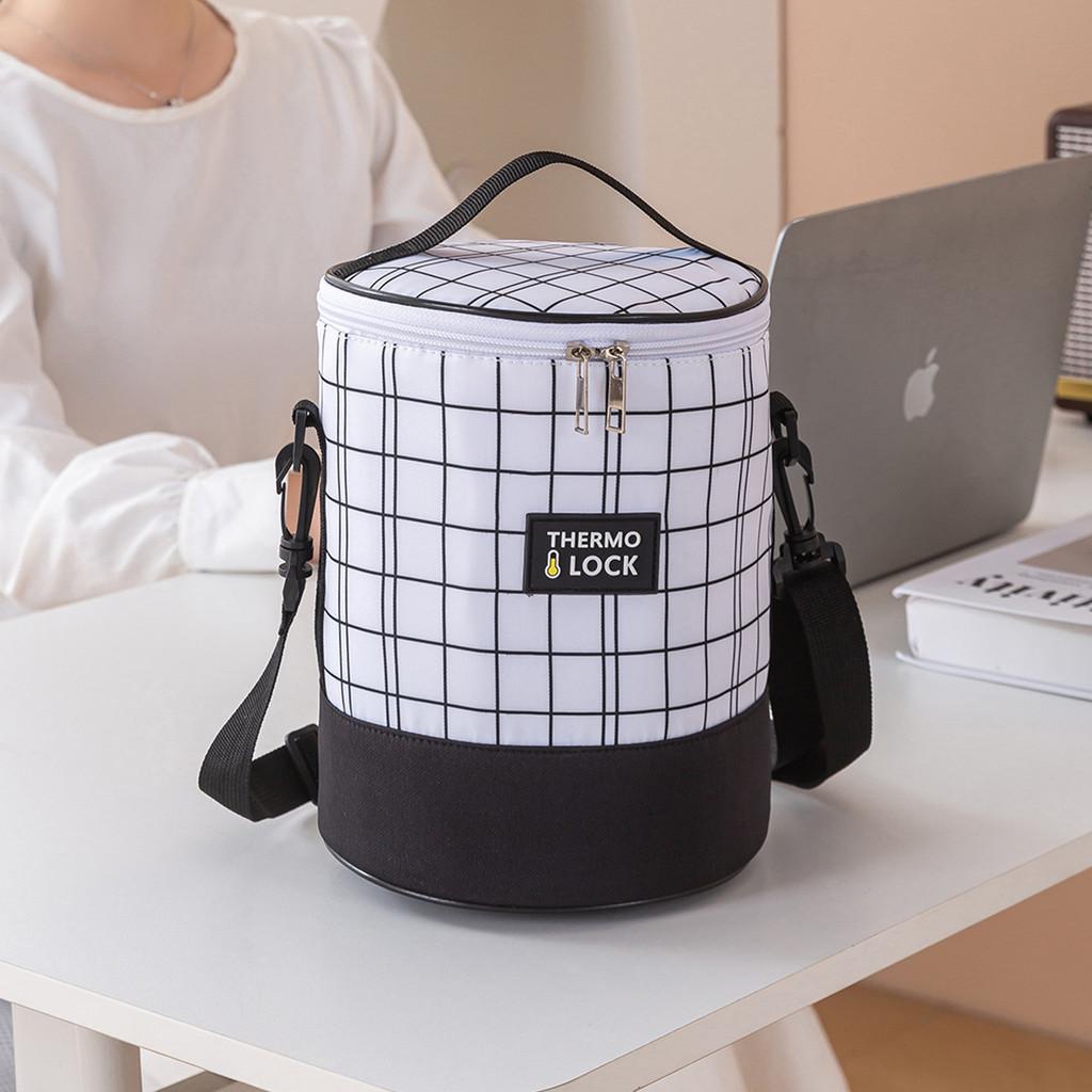 Simple Cylindrical Heat Preservation Bento Bag With Grid Design And Letter Print