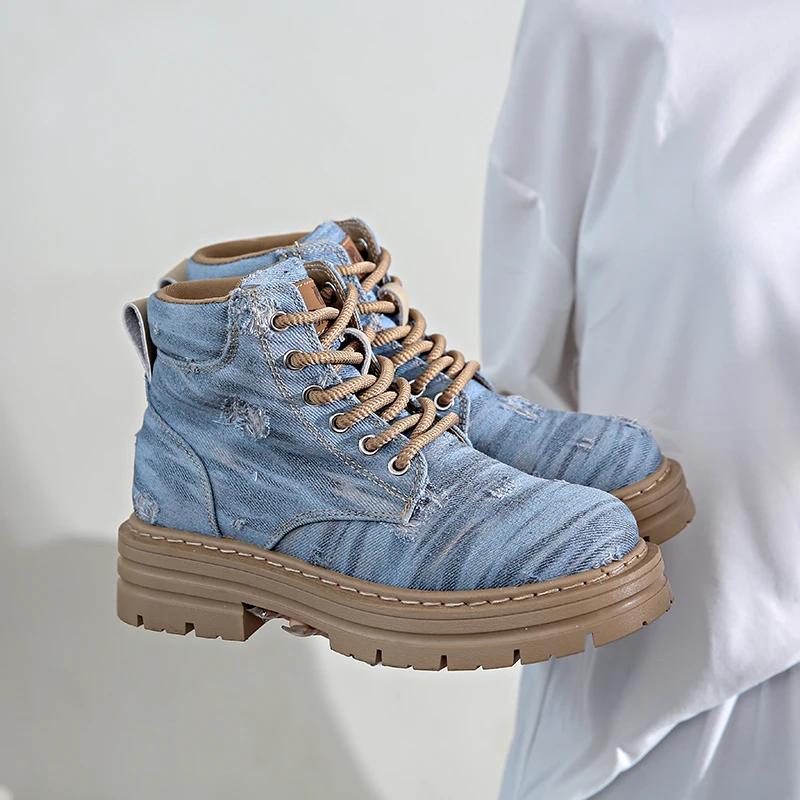Fashion Denim Women's Ankle Boots Lace Up Commuter Female Boots Patchwork Fabric Platform Woman Low Heel Sports Boots