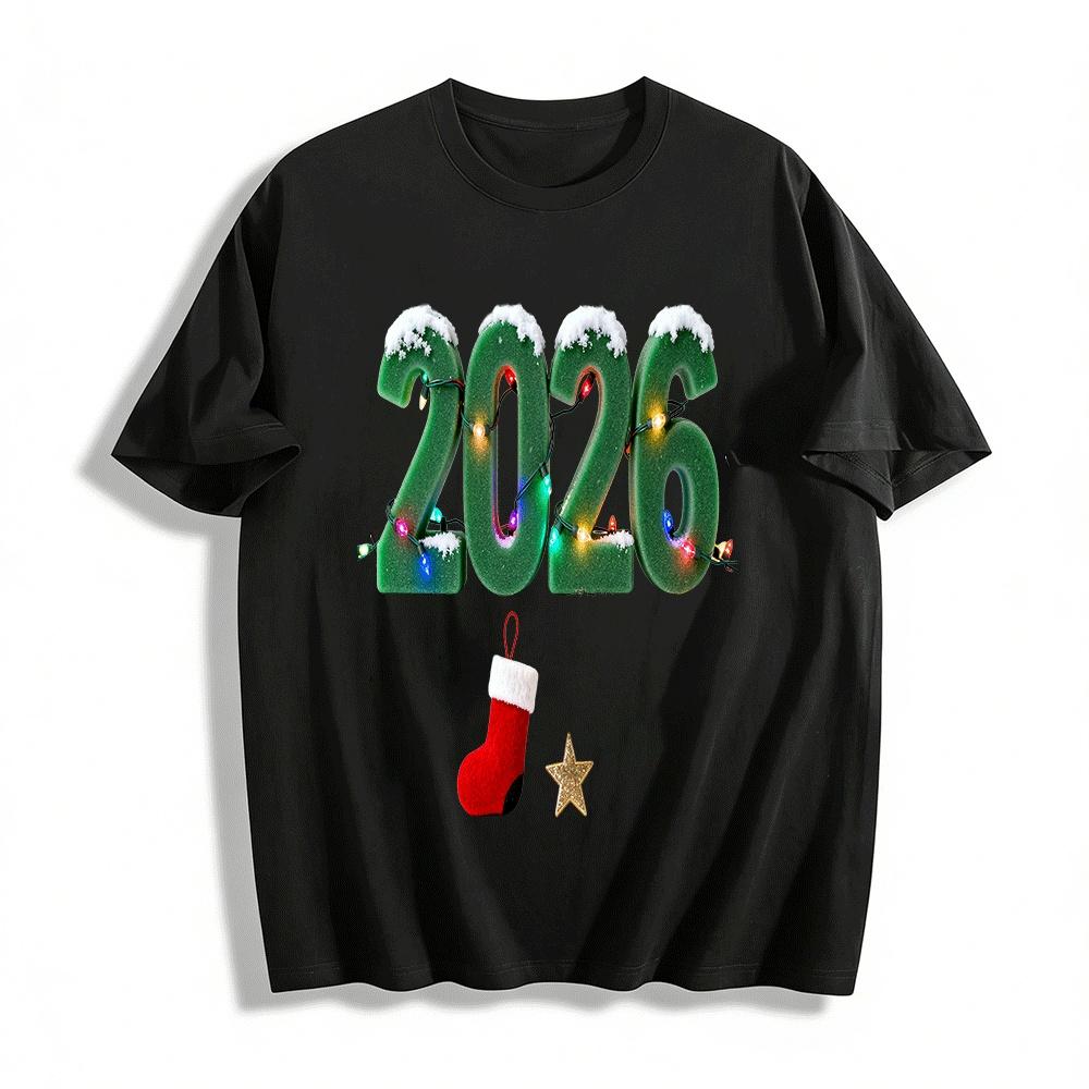2026 Christmas Snow Lights Stocking Print Casual Top Pure cotton T-shirt XXS