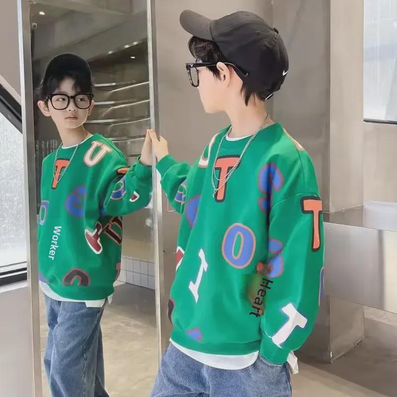 Boys 2023 Autumn Full-Print Pullover Sweatshirt, Casual Big Boy Spring & Fall Style
