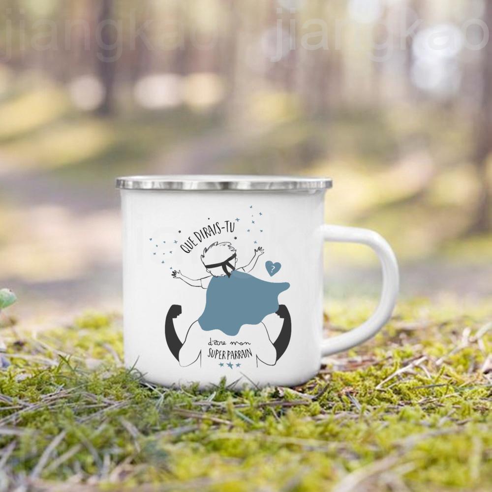 Französische Taufpatin Pate Druck Emaille Kaffeetasse Getränke Milchbecher Campingtassen Bestes Geburtstags-Feiertagsgeschenk für Patentante Patenonkel