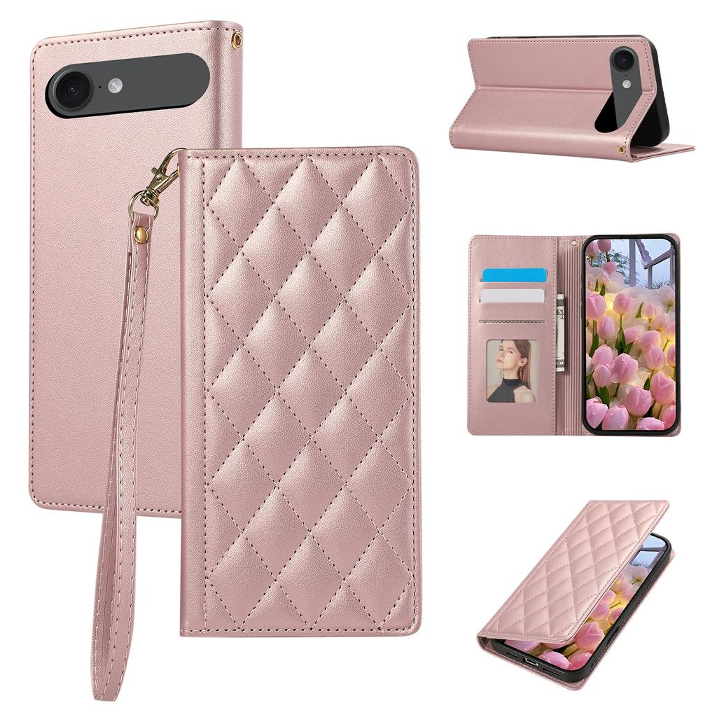 For iPhone 17 Air Case RFID Blocking Wallet Stand Rhombus Leather Phone Cover with Wrist Strap