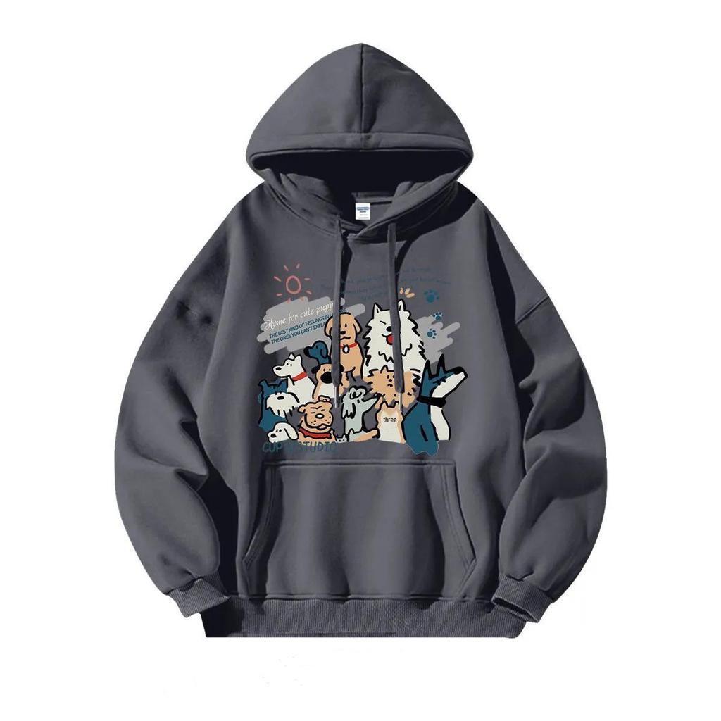 Silver Fox Velvet Korean Lazy Style Dog Print Hooded Sweatshirt - Women's Spring/Winter Jacket, Unisex Trendy Versatile Design.