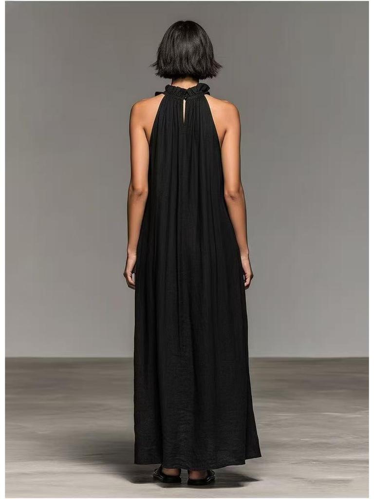 2026 Summer Halter Neck Ruffle Sleeveless Slimming Dress with Pockets