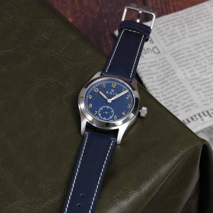 KNIS Retro Military Watch Men's Sapphire Glass 10 ATM Water Resistant Blue Dial Navy Leather KN003-BLNVLE