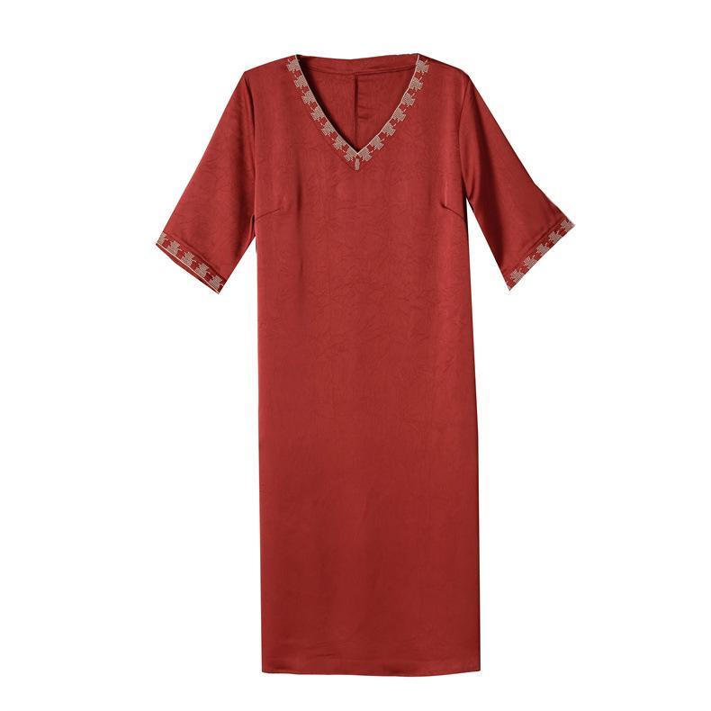Thirteen Rows Satin V-Neck Short Sleeve Dress for Middle-Aged Women