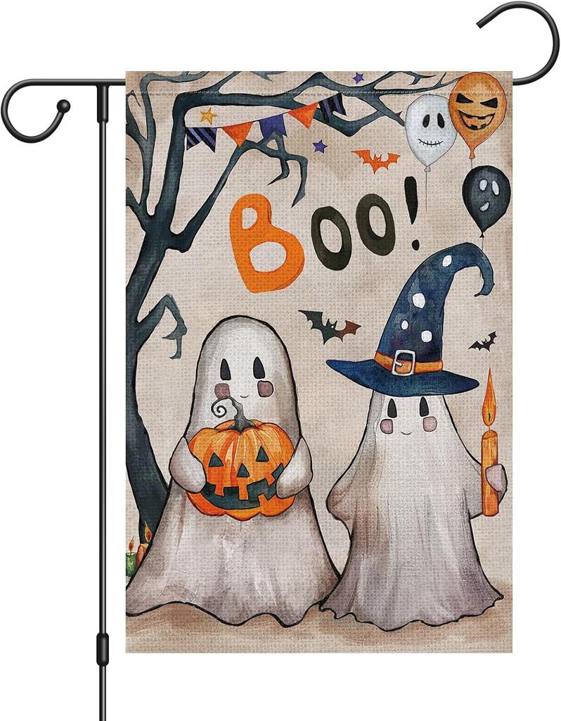 Boo Halloween Garden Ag 12x18 Inch Double Sided Vertical, Small Burlap Ghost Pumpkin Holiday Halloween Yard Outdoor Decora PPZ