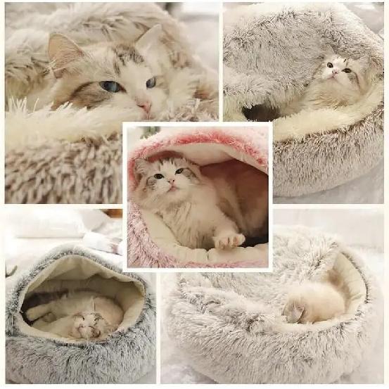Plush Hooded Pet Bed Round Fluffy Soft Cat Bed Pet Cushion Warm Cat Dog 2 In 1 Sleeping Nest Cave for Small Dogs