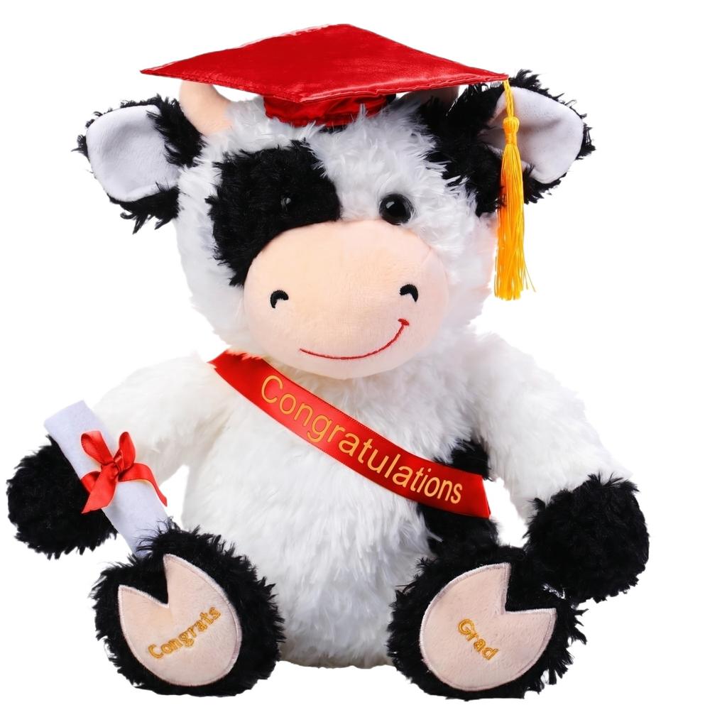 Plush Graduation Cow Toy Soft Stuffed Animal with Graduation Cap and Sash Holding Diploma for Graduation Celebration Gift