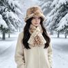 Cute Deer Print Hat Women Spotted Hat, Faux Fur Bucket Winter Scarf, Girlfriend Present Soft Cozy Furry Fisherman for Girls, Autumn Accessory
