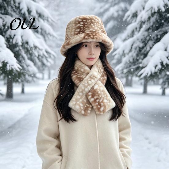 Cute Deer Print Hat Women Spotted Hat, Faux Fur Bucket Winter Scarf, Girlfriend Present Soft Cozy Furry Fisherman for Girls, Autumn Accessory