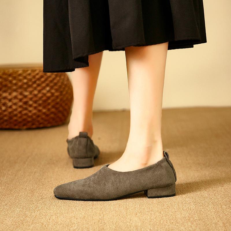 Comfortable Elegant Square Toe Shallow Mouth Simple Plain Suede Pedicure Women Thick Heel Low Heel Professional  Single Shoes