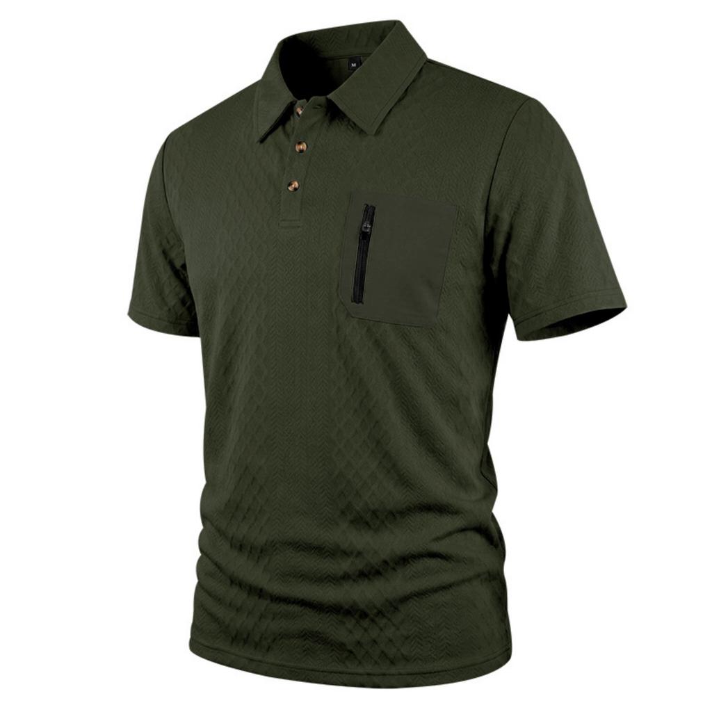 Men's Jacquard Casual Loose Fit Business Short Sleeve Polo Shirt with Collar Pocket and Zipper Detail Suitable for Daily Wear