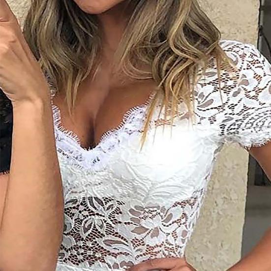 Women Jumpsuit Solid Color Hidden Zipper Slim Fit See-through Lace Summer Romper Party Clothes