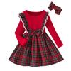 New Spring and Autumn Plaid Long Sleeve Dress Korean Style Children's Christmas Bow A-line Dress