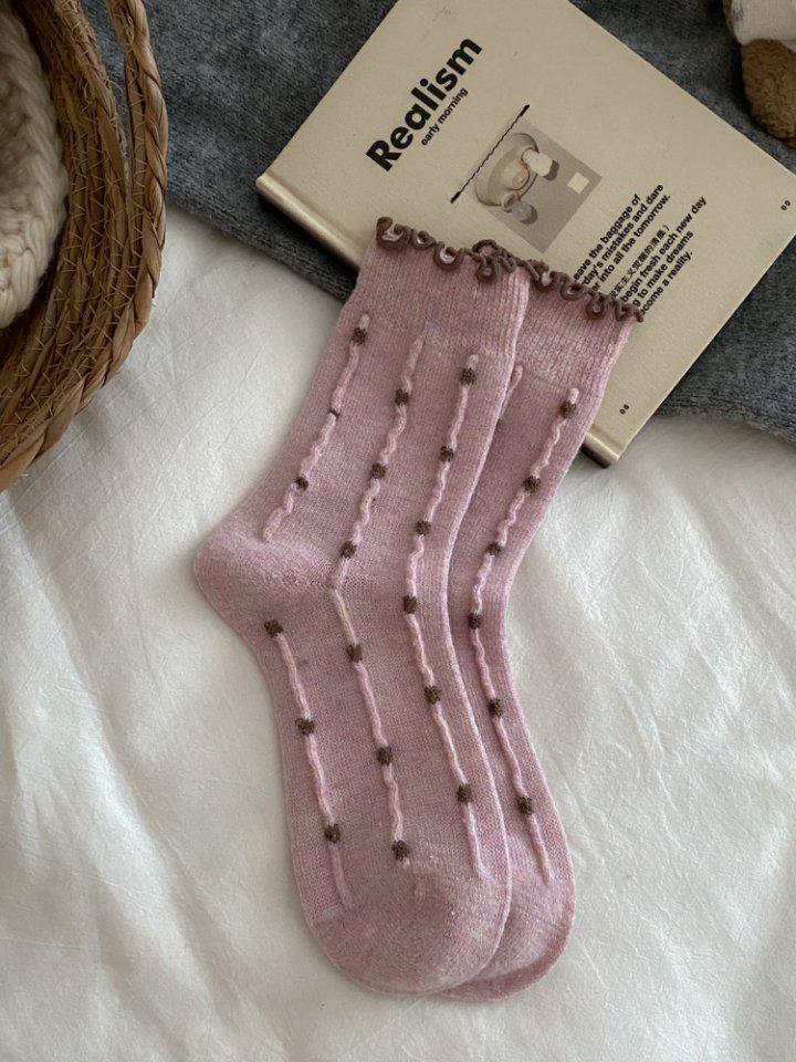 Polka Dot Floral Merino Wool Slouch Socks with Lettuce Edge and Lace