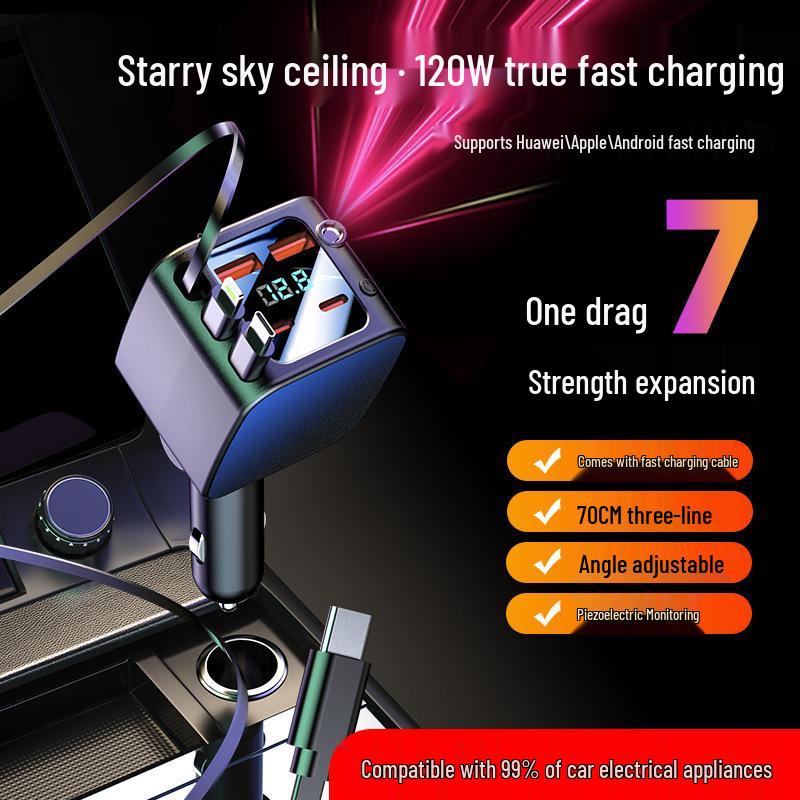 Starry Sky Roof Ambient Light Car Charger, 120W Super Fast Charging with Retractable Cable for Apple & Huawei Phones.