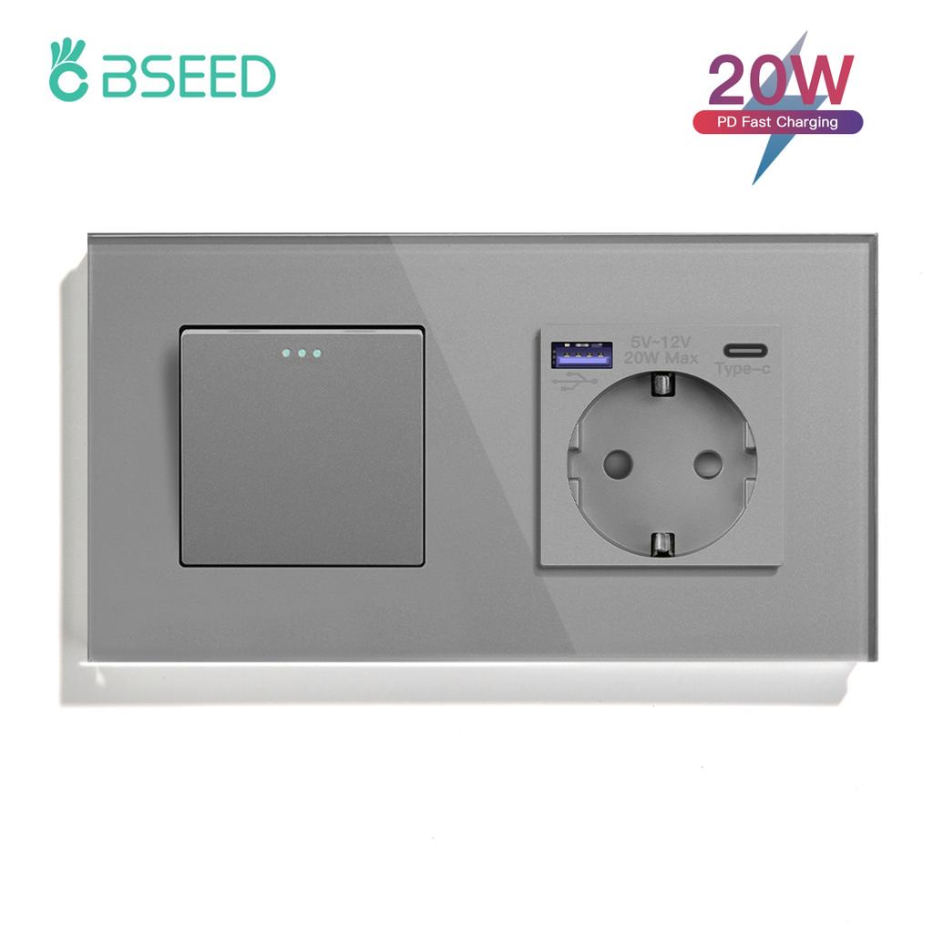 BSEED 1/2/3Gang Mechanical Light Switches 1Way Plus Wall Socket Type-c USB Power Outlets Crystal Glass Frame EU Standard Gray