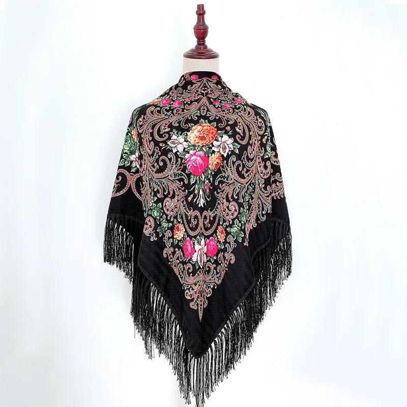 Floral Printed Bohemian Scarf Fringed Shawl Headscarf Russian Babushka Scarves Women National Muslim Head Wrap Square
