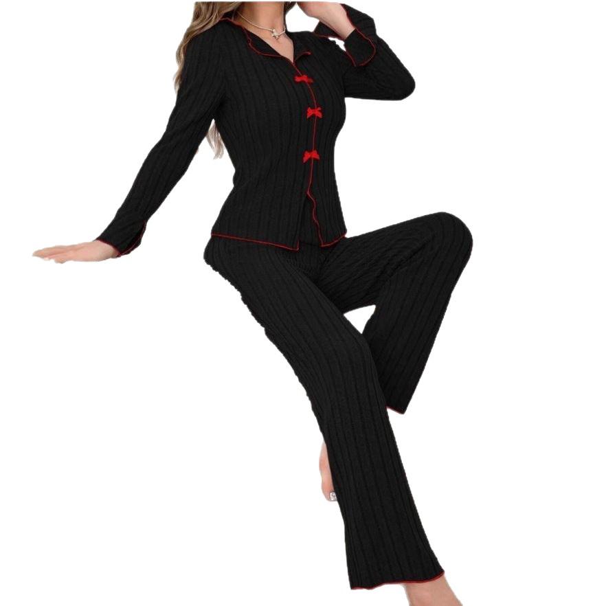 Pigiama da Donna Europeo e Americano Autunno/Inverno con Scollo a Revers e Fiocco - alla Moda, Sexy, Manica Lunga e Pantaloni per la Casa.