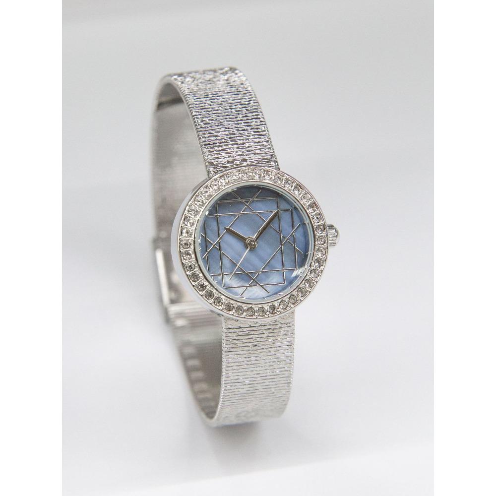 Round Quartz Watch For Women Rhinestone Bezel Geometric Line Dial Textured Mesh Strap Elegant Daily Waterproof Wristwatch