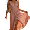 Y2K Summer Women's V-neck Sleeveless Dress Pink Ruffle Edge Split Holiday Wind Beach Dress